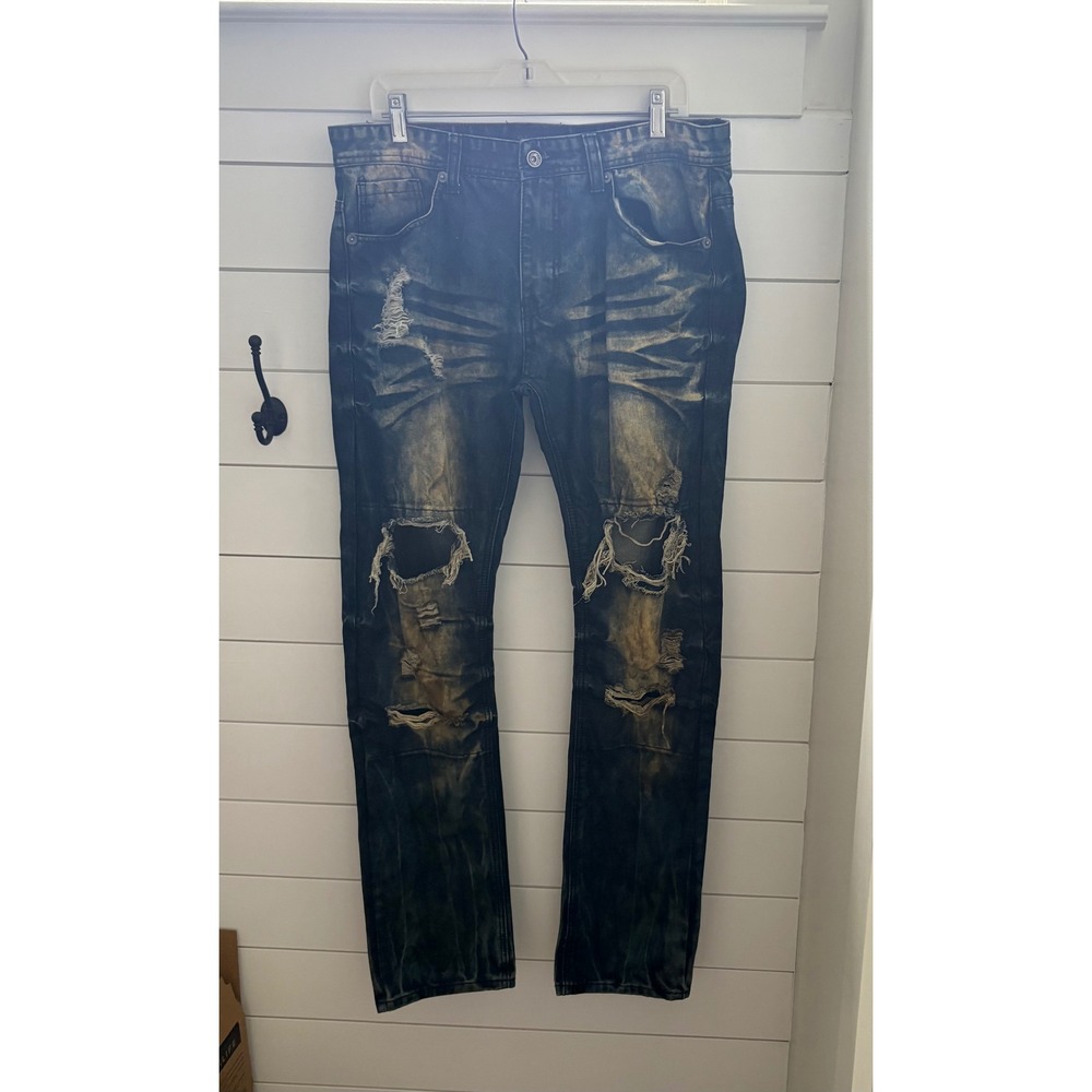 Decibel Mens Distressed Crinkle Ripped Jeans Blue Wash Denim Size 34x34‎